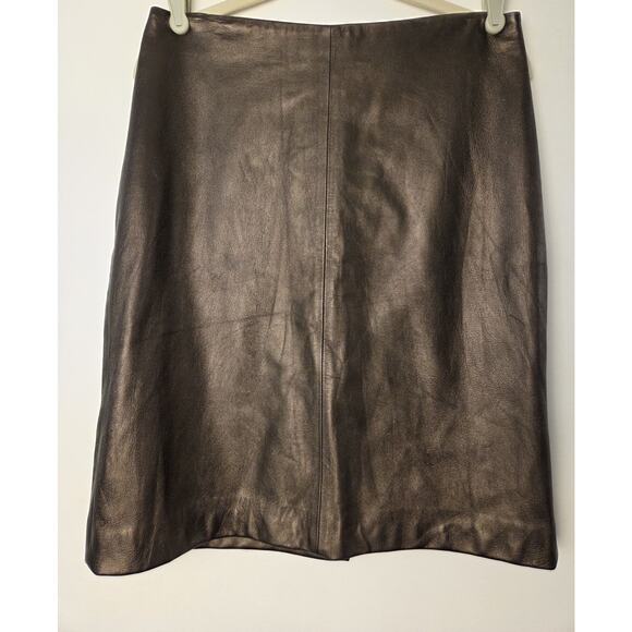 Ann Taylor VTG Leather Skirt Womens 8 Bronze Gold Lined Back Zip Pencil 30 X 22 - Picture 1 of 7